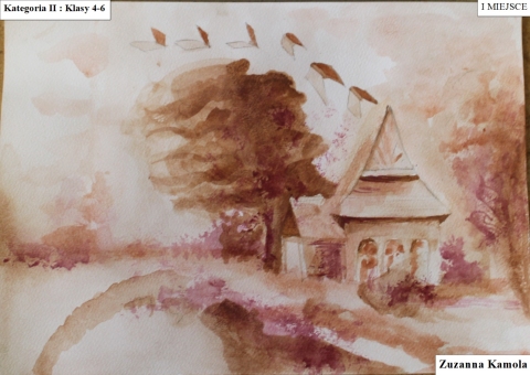 Zdjęcie prezentuje prace nagrodzone w Powiatowy Konkursie Plastyczny pt. „Wkomponuj Stefana Żeromskiego w pejzaż Nałęczowa” zorganizowanym przez Powiatową Bibliotekę Publiczną w Puławach.