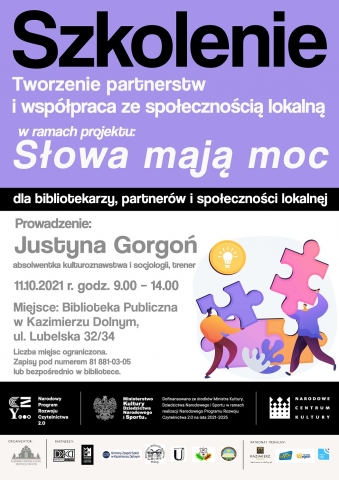 Plakat promujący szkolenie „Tworzenie partnerstw i współpraca ze społecznością lokalną” w kazimierskiej bibliotece.