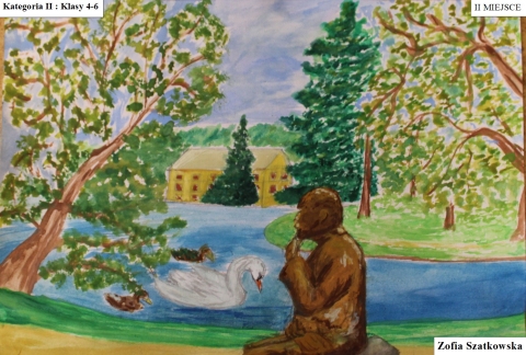 Zdjęcie prezentuje prace nagrodzone w Powiatowy Konkursie Plastyczny pt. „Wkomponuj Stefana Żeromskiego w pejzaż Nałęczowa” zorganizowanym przez Powiatową Bibliotekę Publiczną w Puławach.