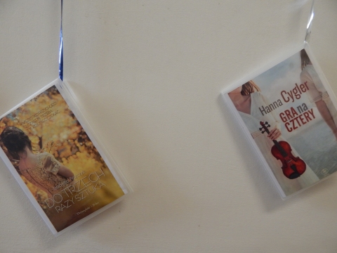 Zdjęcie prezentuje wystawę powieszoną na korytarzu przed biblioteką prezentującą różne okładki książek ze numerem tytule.