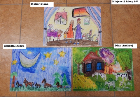 Zdjęcie prezentuje nagrodzone prace w powiatowym konkursie plastycznym „Z wizytą w bajkowym świecie Marii Konopnickiej”.