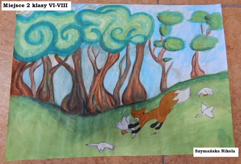 Zdjęcie prezentuje nagrodzone prace w powiatowym konkursie plastycznym „Z wizytą w bajkowym świecie Marii Konopnickiej”.