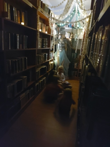 Zdjęcie prezentuje Noc Bibliotek w wąwolnickiej bibliotece, która odbyła się 23 października 2025 r. od godziny 17:00 do 20:00. Motywem przewodnim wydarzenia była mitologia.