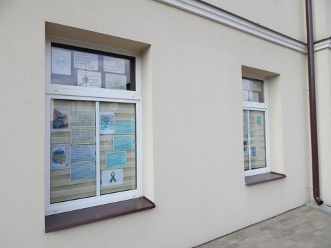 Zdjęcie prezentuje wystawę na oknach Powiatowej Biblioteki Publicznej w Puławach pt. „Ekologia dla najmłodszych”.