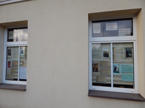 Zdjęcie prezentuje wystawę na oknach Powiatowej Biblioteki Publicznej w Puławach pt. „Książkowe hity z Netflixa”.