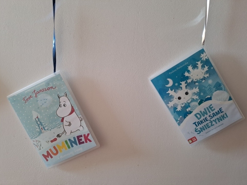 Zdjęcie prezentuje wystawę na oknach Powiatowej Biblioteki Publicznej, która promuje książki, których akcja rozgrywa się w zimowej scenerii.