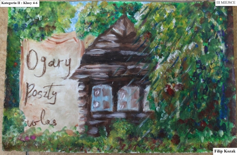 Zdjęcie prezentuje prace nagrodzone w Powiatowy Konkursie Plastyczny pt. „Wkomponuj Stefana Żeromskiego w pejzaż Nałęczowa” zorganizowanym przez Powiatową Bibliotekę Publiczną w Puławach.