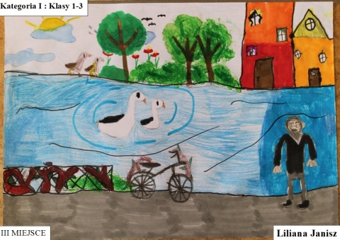 Zdjęcie prezentuje prace nagrodzone w Powiatowy Konkursie Plastyczny pt. „Wkomponuj Stefana Żeromskiego w pejzaż Nałęczowa” zorganizowanym przez Powiatową Bibliotekę Publiczną w Puławach.