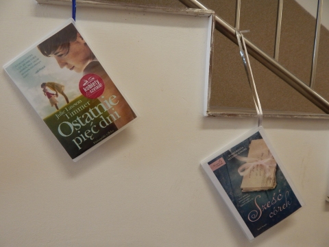 Zdjęcie prezentuje wystawę powieszoną na korytarzu przed biblioteką prezentującą różne okładki książek ze numerem tytule.