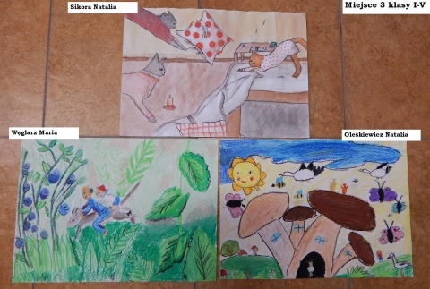 Zdjęcie prezentuje nagrodzone prace w powiatowym konkursie plastycznym „Z wizytą w bajkowym świecie Marii Konopnickiej”.