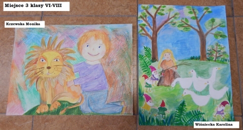 Zdjęcie prezentuje nagrodzone prace w powiatowym konkursie plastycznym „Z wizytą w bajkowym świecie Marii Konopnickiej”.