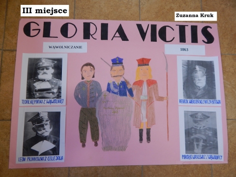 Zdjęcie prezentuje nagrodzone prace w powiatowym konkursie plastycznym „Gloria victis – chwała zwyciężonym”.