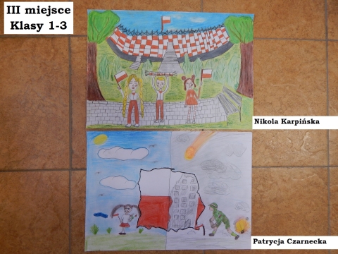 Zdjęcie prezentuje nagrodzone prace w powiatowym konkursie plastycznym „Kto Ty jesteś? Polak mały”.