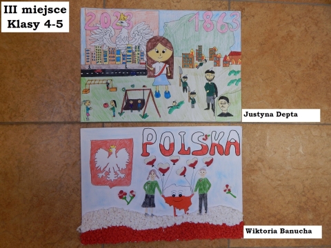 Zdjęcie prezentuje nagrodzone prace w powiatowym konkursie plastycznym „Kto Ty jesteś? Polak mały”.