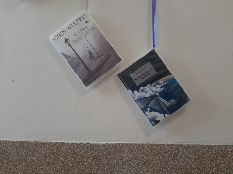 Zdjęcie prezentuje wystawę powieszoną na korytarzu przed biblioteką prezentującą różne okładki książek, w których to właśnie książka jest głównym bohaterem. 