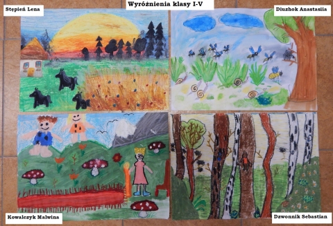 Zdjęcie prezentuje nagrodzone prace w powiatowym konkursie plastycznym „Z wizytą w bajkowym świecie Marii Konopnickiej”.