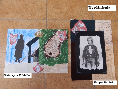 Zdjęcie prezentuje nagrodzone prace w powiatowym konkursie plastycznym „Gloria victis – chwała zwyciężonym”.