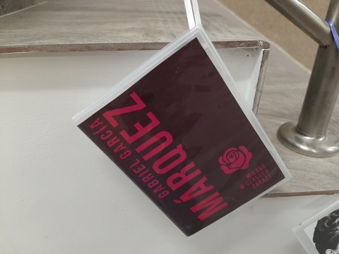 Zdjęcie prezentuje wystawę powieszoną na korytarzu przed biblioteką prezentującą różne okładki książek, których głównym tematem jest miłość. 