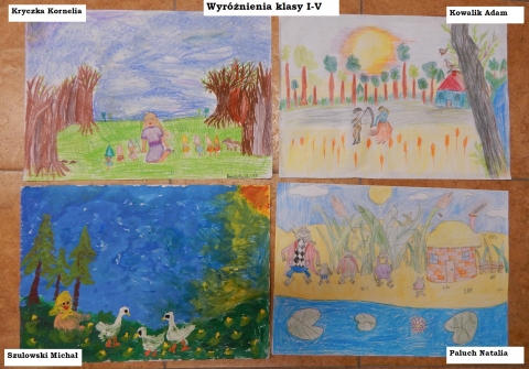 Zdjęcie prezentuje nagrodzone prace w powiatowym konkursie plastycznym „Z wizytą w bajkowym świecie Marii Konopnickiej”.