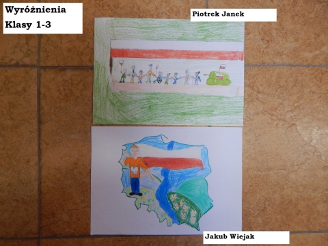 Zdjęcie prezentuje nagrodzone prace w powiatowym konkursie plastycznym „Kto Ty jesteś? Polak mały”.