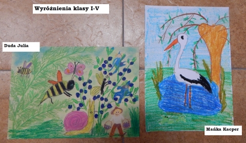 Zdjęcie prezentuje nagrodzone prace w powiatowym konkursie plastycznym „Z wizytą w bajkowym świecie Marii Konopnickiej”.