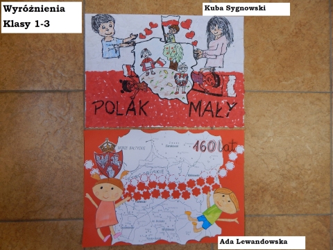 Zdjęcie prezentuje nagrodzone prace w powiatowym konkursie plastycznym „Kto Ty jesteś? Polak mały”.