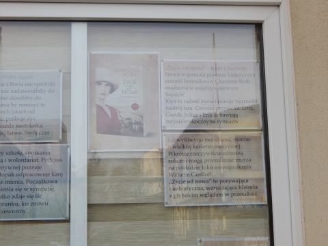 Zdjęcie prezentuje wystawę na oknach Powiatowej Biblioteki Publicznej w Puławach pokazującą najciekawsze książki z wyrazem „nowy” w tytule.