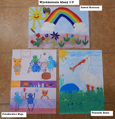 Zdjęcie prezentuje nagrodzone prace w powiatowym konkursie plastycznym „Z wizytą w bajkowym świecie Marii Konopnickiej”.