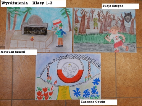 Zdjęcie prezentuje nagrodzone prace w powiatowym konkursie plastycznym „Kto Ty jesteś? Polak mały”.