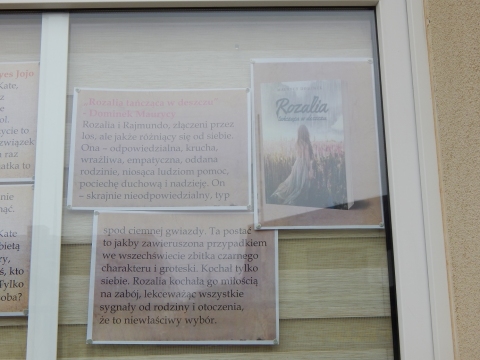  Zdjęcie prezentuje wystawę na oknach Powiatowej Biblioteki Publicznej w Puławach promującą  jesienne propozycje książkowe z wyrazem „deszcz” w tytule.