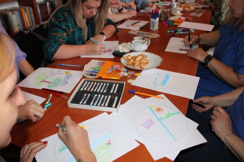 Zdjęcie prezentuje warsztaty szkoleniowe pt. „Arteterapia w bibliotece zorganizowane przez Powiatową Bibliotekę Publiczną w Puławach dla bibliotekarzy z terenu powiatu puławskiego, które odbyły się 30 kwietnia 2025 r.