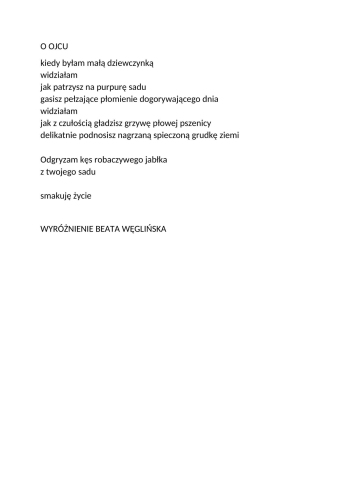 Zdjęcie prezentuje wiersz pani Beaty Węglińskiej "O Ojcu".