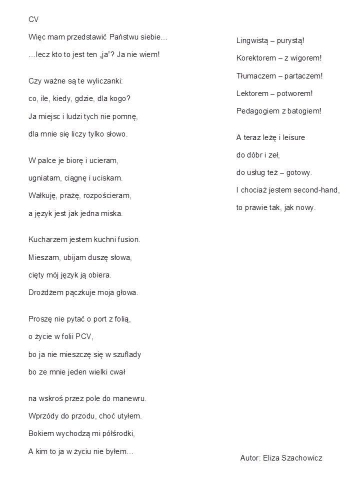 Tekst wiersza "CV" pani Elizy Szachowicz
