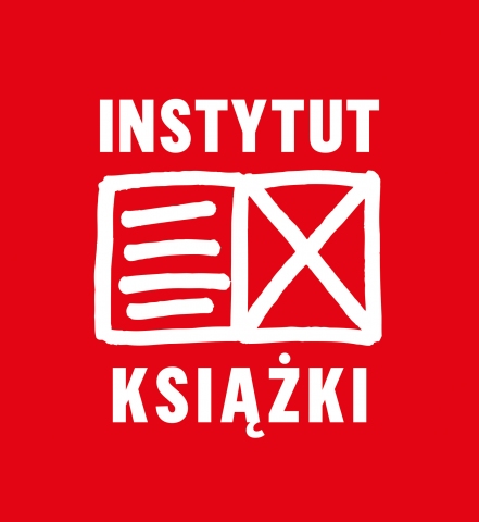 Czerwony kwadrat z białymi literami tworzącymi napis Instytut Książki, na środku grafika otwartej książki.