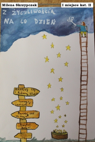 Zdjęcie prezentuje zwycięskie prace w powiatowy konkurs plastyczny „Z życzliwością na co dzień”.