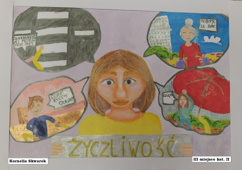 Zdjęcie prezentuje zwycięskie prace w powiatowy konkurs plastyczny „Z życzliwością na co dzień”.