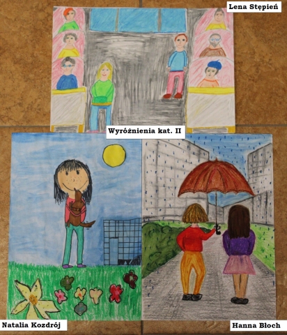 Zdjęcie prezentuje zwycięskie prace w powiatowy konkurs plastyczny „Z życzliwością na co dzień”.