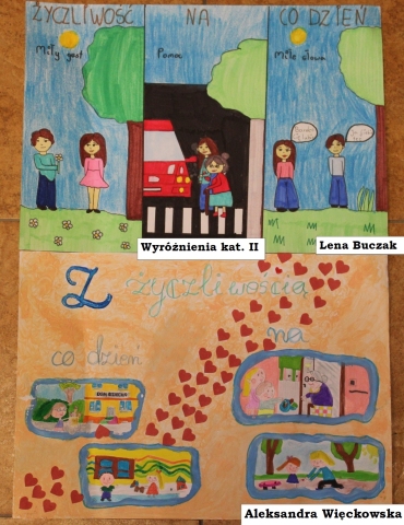Zdjęcie prezentuje zwycięskie prace w powiatowy konkurs plastyczny „Z życzliwością na co dzień”.