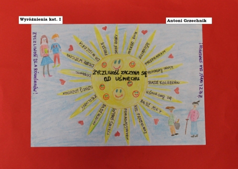 Zdjęcie prezentuje zwycięskie prace w powiatowy konkurs plastyczny „Z życzliwością na co dzień”.