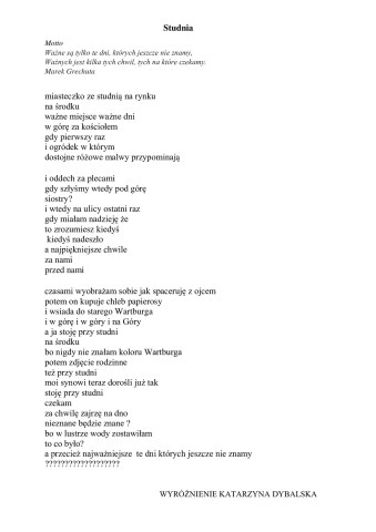 Zdjęcie prezentuje wiersz „Studnia” Katarzyny Dybalskiej.