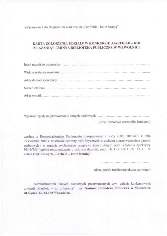 Zdjecie prezentuje kartę zgłoszeniową do konkursu ogranizowanego przez Gminną Bibliotekę Publiczną w Wąwolnicy na ilustrację kota Garfielda.