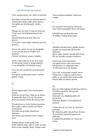 Zdjęcie prezentuje wiersz pana Piotra Kapczuka "Palimpsest (Na Wschodzie bez zmian)".