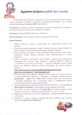 Zdjecie prezentuje regulamin konkursu ogranizowanego przez Gminną Bibliotekę Publiczną w Wąwolnicy na ilustrację kota Garfielda.