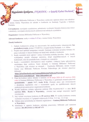 Zdjęcie prezentuje regulamin konkursu literacko-plastycznym z okazji Dnia Tygrysa organizowanego przez Gminną Bibliotekę Publiczną w Wąwolnicy.