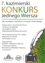 Zdjęcie prezentuje plakat promujący konkurs literacki pt. "Kazimierski Konkurs Jednego Wiersza".