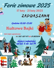 Zdjęcie prezentuje plakat zapraszający na ferie zimowe w wąwolnickiej bibliotece, które odbędą się w dniach 17-21 lutego 2025 r.