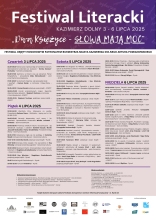 Zdjęcie prezentuje plakat zapraszający na czwartą edycję Festiwalu Literackiego „Dwa księżyce - słowa mają moc”, ktory odbędzie się w dniach 3-6 lipca 2025 r. w Kazimierzu Dolnym. 