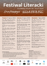 Zdjecie prezentuje plakat zapraszający na Serdecznie zapraszamy na Kazimierski Festiwal Literacki „Dwa księżyce – słowa mają moc”, który odbędzie się od 5 do 7 lipca 2024 r. w Kazimierzu Dolnym.