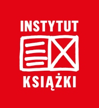 Czerwony kwadrat z białymi literami tworzącymi napis Instytut Książki, na środku grafika otwartej książki. 