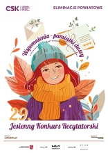Zdjęcie prezentuje plakat zapraszający do wzięcia udziału w eliminacjach powiatowych 29. Jesiennego Konkursu Recytatorskiego, które odbędą się 5 listopada 2025 r. o godz. 10:00 na małej sali teatralnej POK.